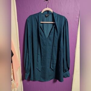 117. City Chic Teal Tie V-Neck Long Sleeve Silky Blouse 18 2X